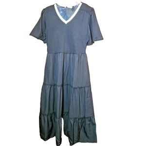 Kate Kasin Womens Black Tier Midi Dress V-Neck‎ Metallic Trim Smocked Size M NEW